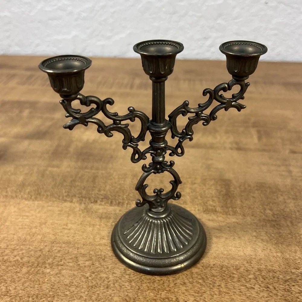 Vintage Ornate Brass 3 Branch Mini Candelabra Candle Holder Stick‎ Hong Kong
